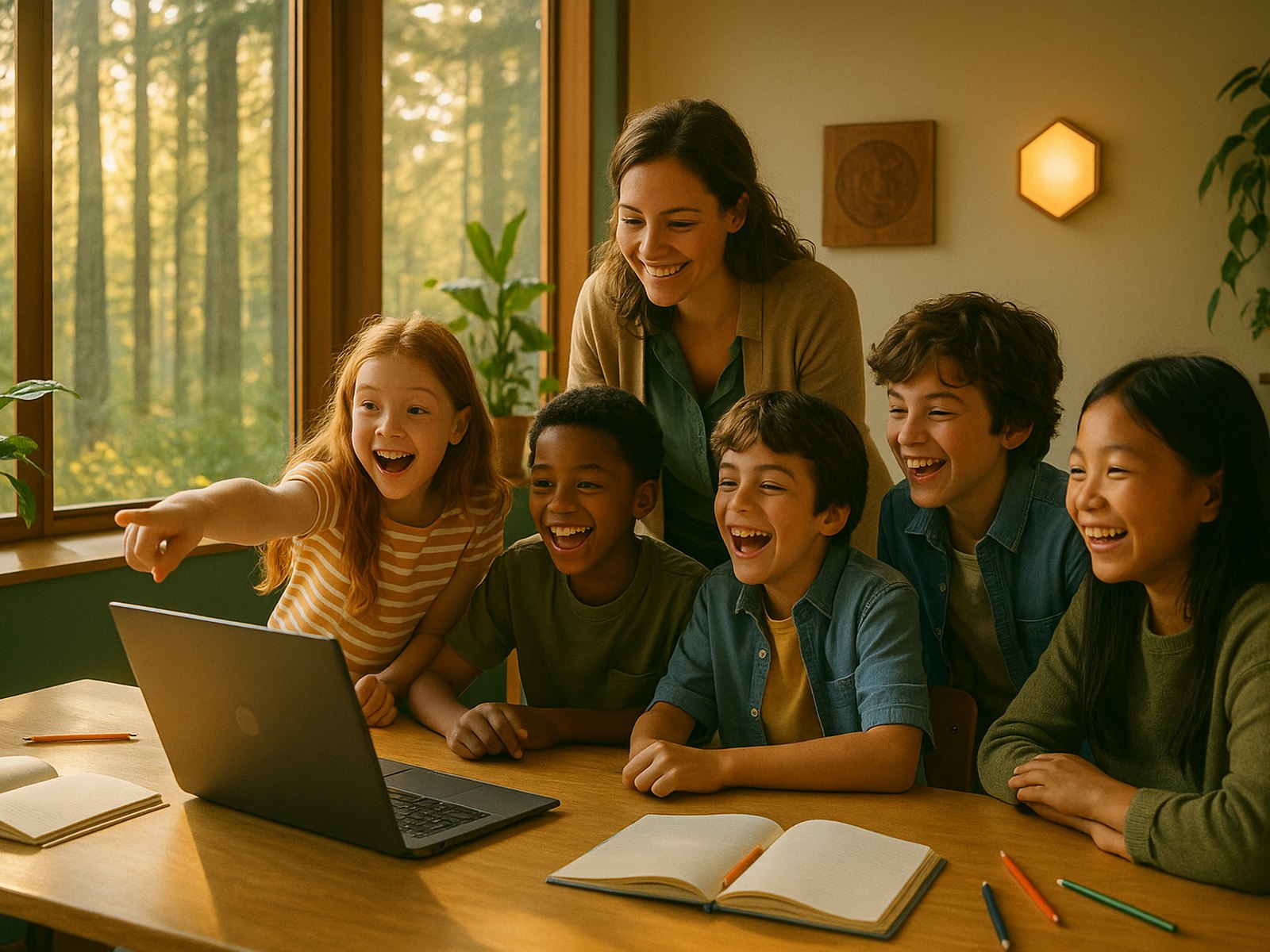 A teacher and five delighted children of about ten to twelve gathered around a laptop at a wooden table in a sunlit classroom, one girl half-standing and pointing at the screen while the others turn to look and laugh, forest light through the window and a carved wooden plaque and glowing hexagon on the wall
