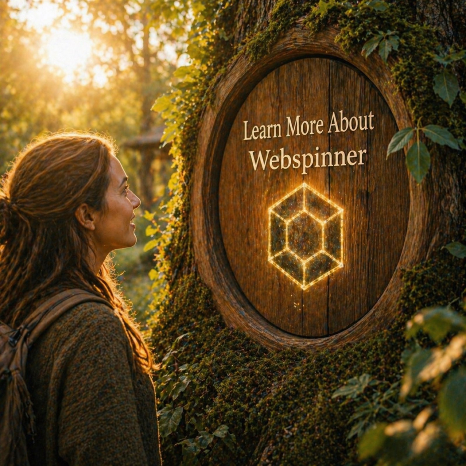 A traveller pausing at a moss-covered oak inscribed with a wooden plaque that reads Learn More About Webspinner