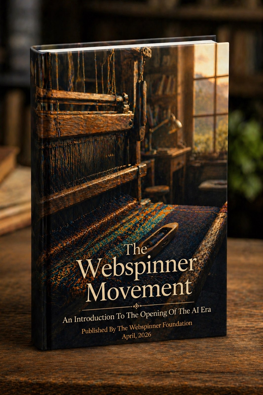 The Webspinner Movement: An Introduction To The Opening Of The AI Era — leather-bound book on a wooden workshop bench, gold lettering, published by The Webspinner Foundation