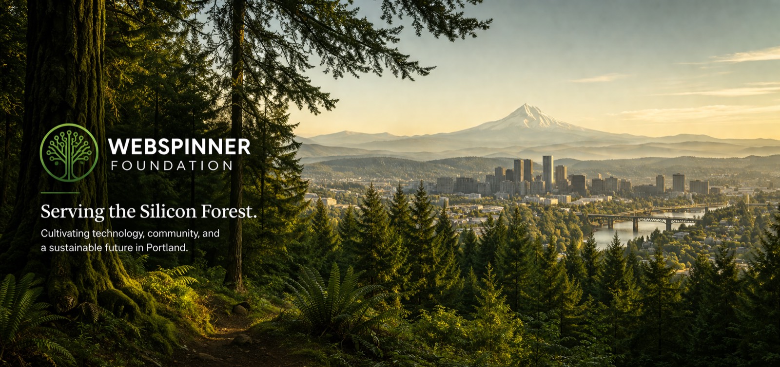 The Webspinner Foundation — a sunlit view of downtown Portland with snow-capped Mt. Hood in the distance, framed by tall pines. The Webspinner Foundation logo (a tree with a hexagon canopy) and the tagline 'Serving the Silicon Forest. Cultivating technology, community, and a sustainable future in Portland.' are set into the image's left side.