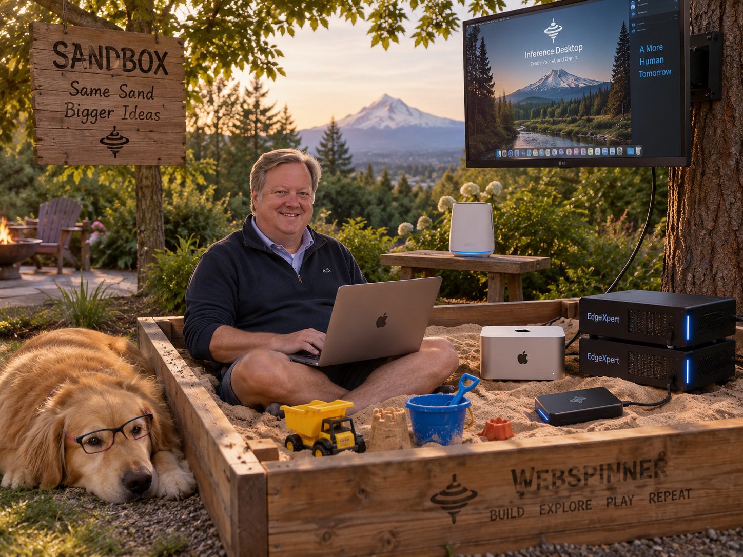 John David Marx sits cross-legged in a wooden backyard sandbox at golden hour, smiling, a laptop on his lap and Mount Hood behind him. In the sand beside him are a Mac Studio, two EdgeXpert computers, a router and a drive, with a toy dump truck, a bucket and a sandcastle. A hand-painted sign reads ‘Sandbox: Same Sand, Bigger Ideas’, a screen on the tree shows the Inference Desktop, a golden retriever in glasses rests beside the box, and its side reads ‘Webspinner: Build, Explore, Play, Repeat’.