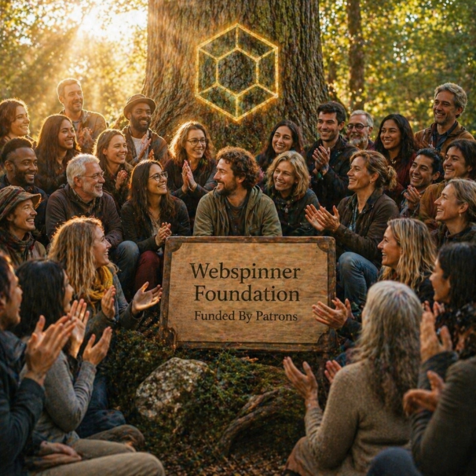 A circle of patrons in a sunlit forest applauding a smiling man holding a wooden plaque that reads Webspinner Foundation