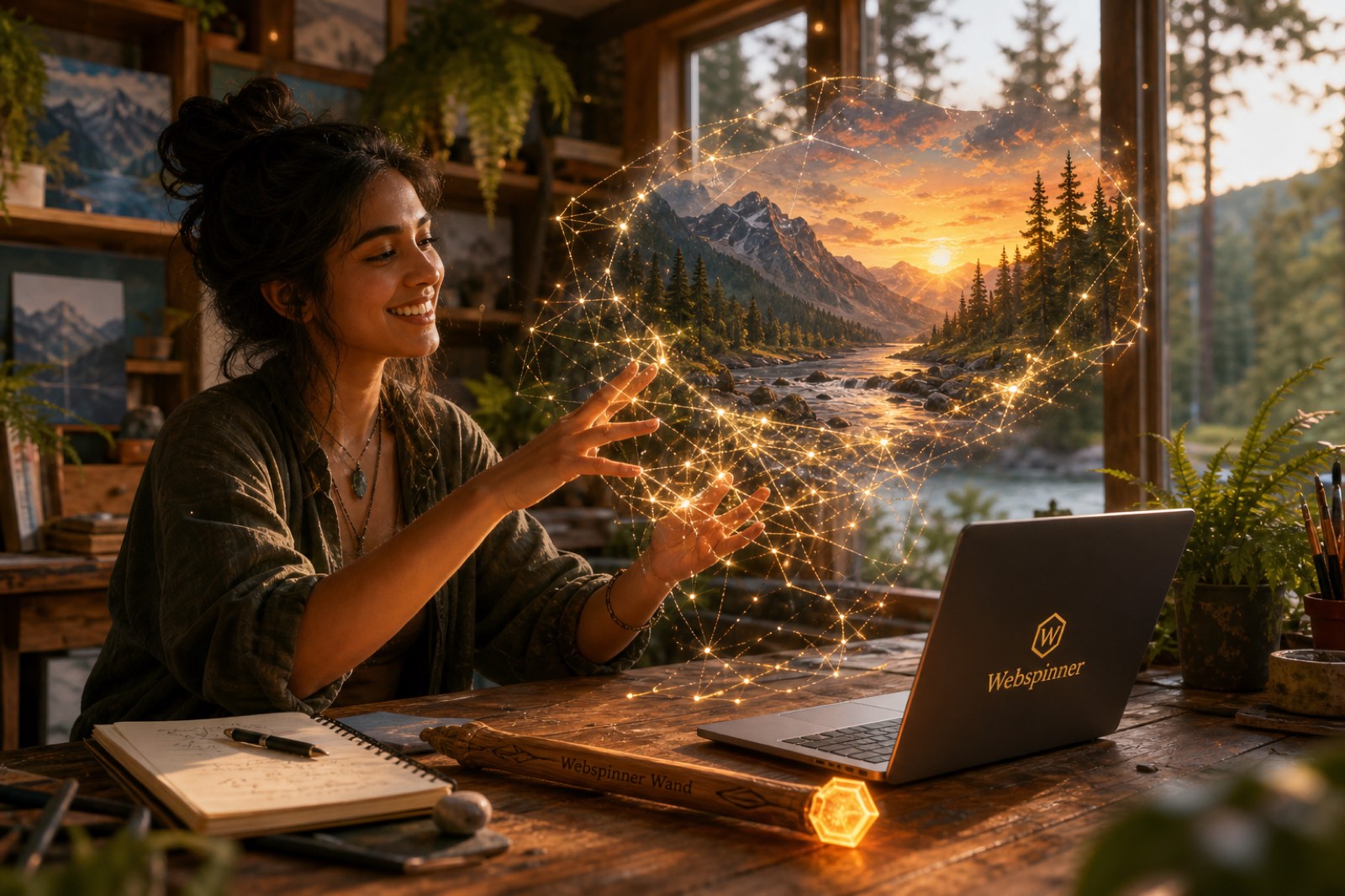 A smiling creator at a wooden workbench in a Pacific Northwest workshop, her hands shaping a glowing constellation weave into a painted landscape of mountains and sunset; a wooden Webspinner Wand with a glowing hexagon rests on the bench beside a Webspinner-branded laptop.