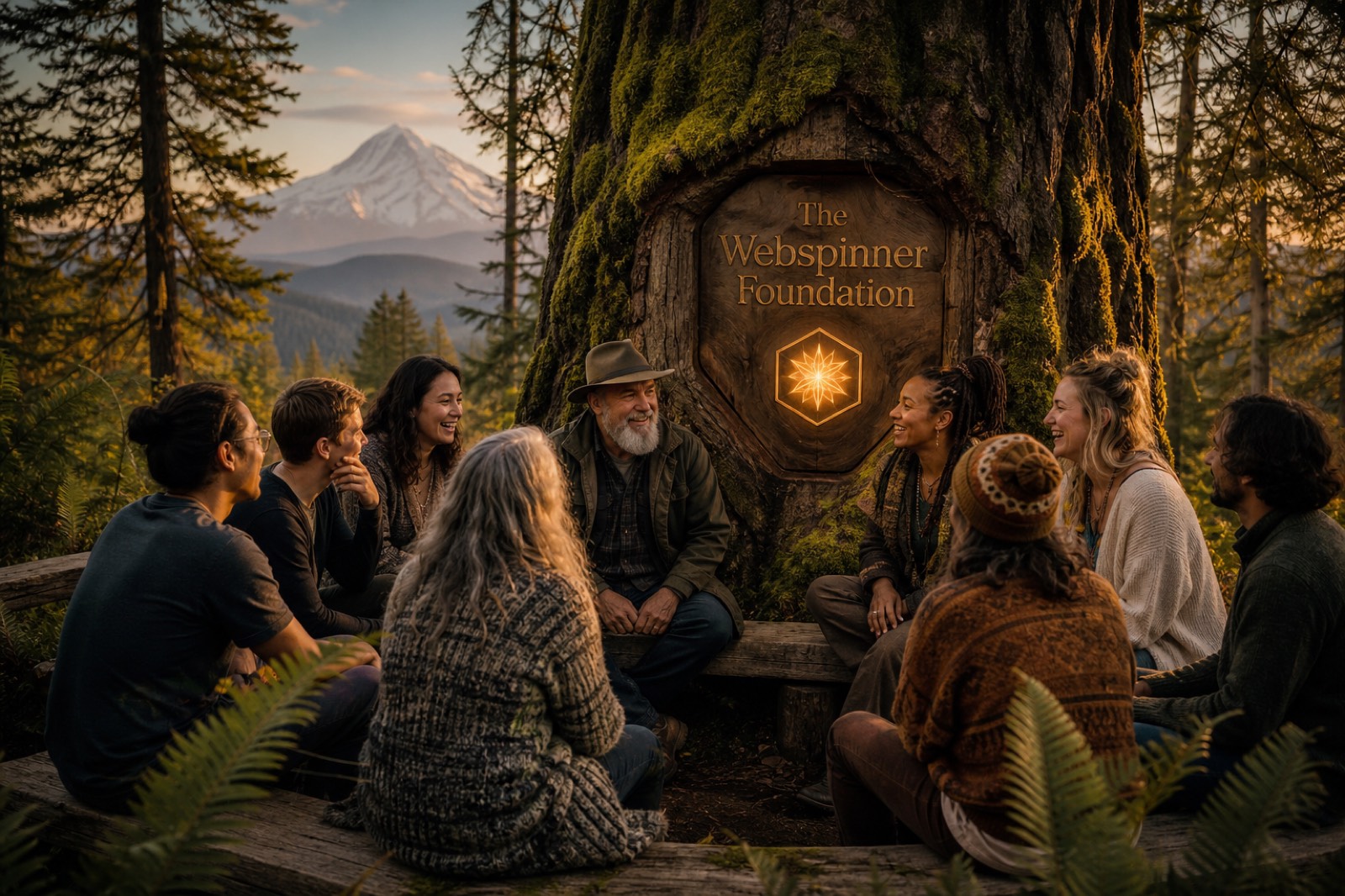 A community circle of about nine diverse smiling adults gathered around a wooden bench at golden hour in a Pacific Northwest forest, with a carved oak plaque set into a moss-covered tree behind them reading 'The Webspinner Foundation' beside a softly glowing hexagon mark; Mt. Hood is visible in the distance through the pines.