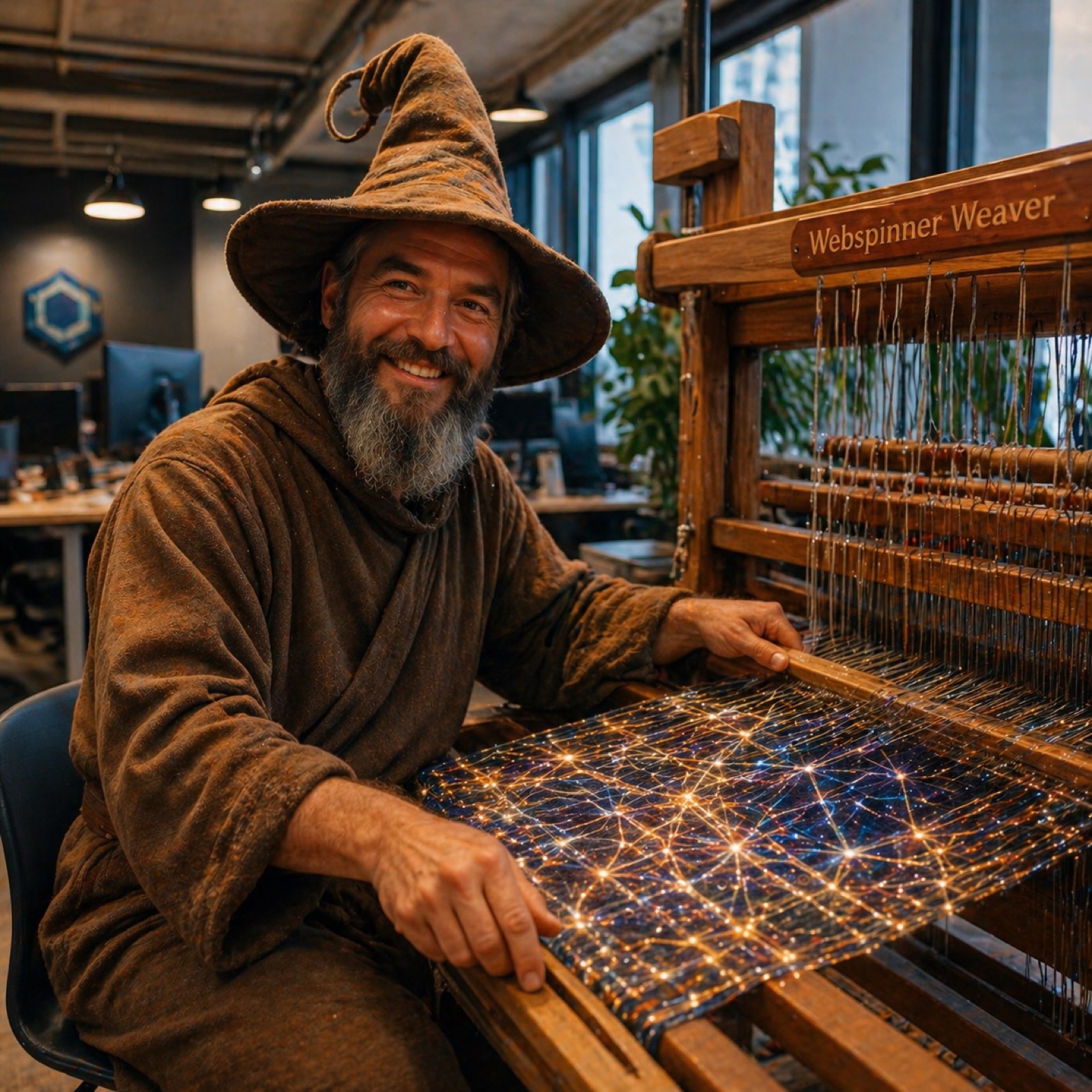 A smiling Webspinner Weaver at a wooden loom that holds a glowing constellation weave