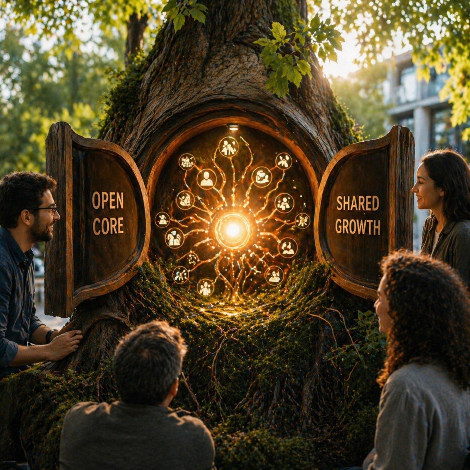 A great tree opening like a chest revealing wooden plaques labelled Open Core and Shared Growth, with a sunburst of people-icons