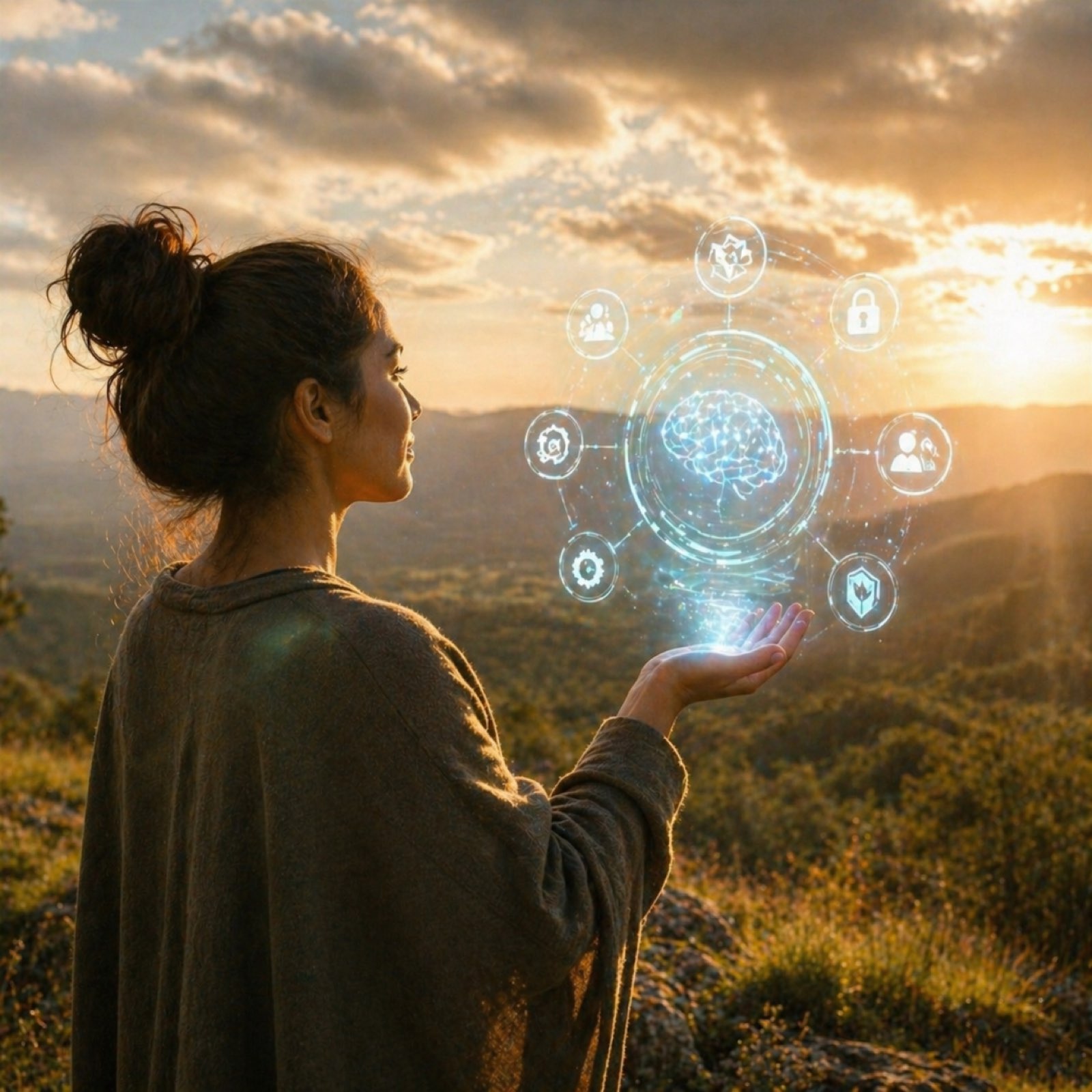 A person on a sunlit hilltop holding a glowing constellation of intelligence in their open palm