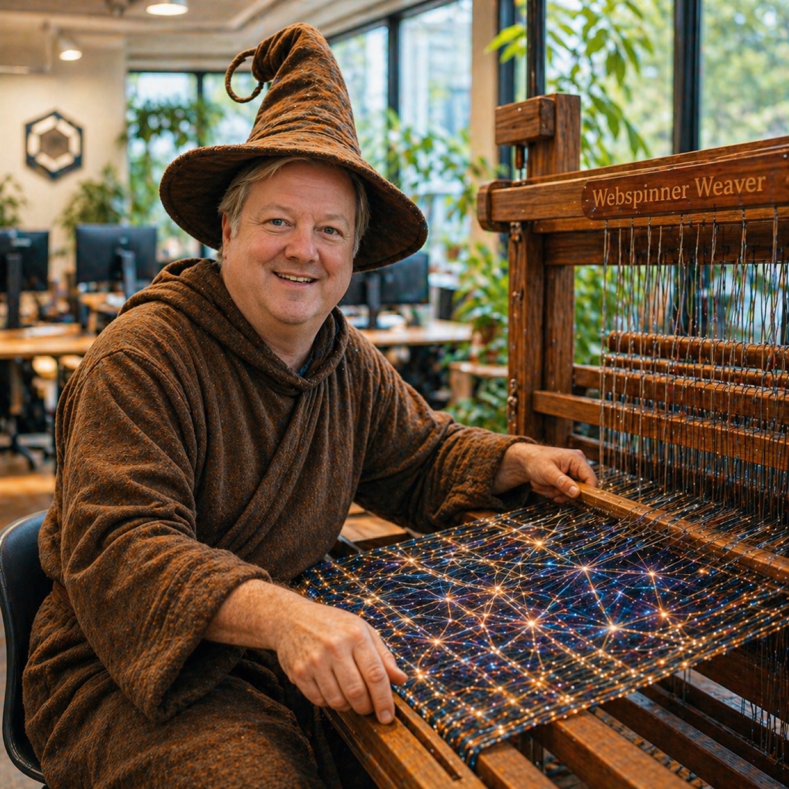 John David Marx, founder of the Webspinner Foundation, in a wizard hat at the wooden Webspinner Weaver loom — the loom shows a glowing constellation weave