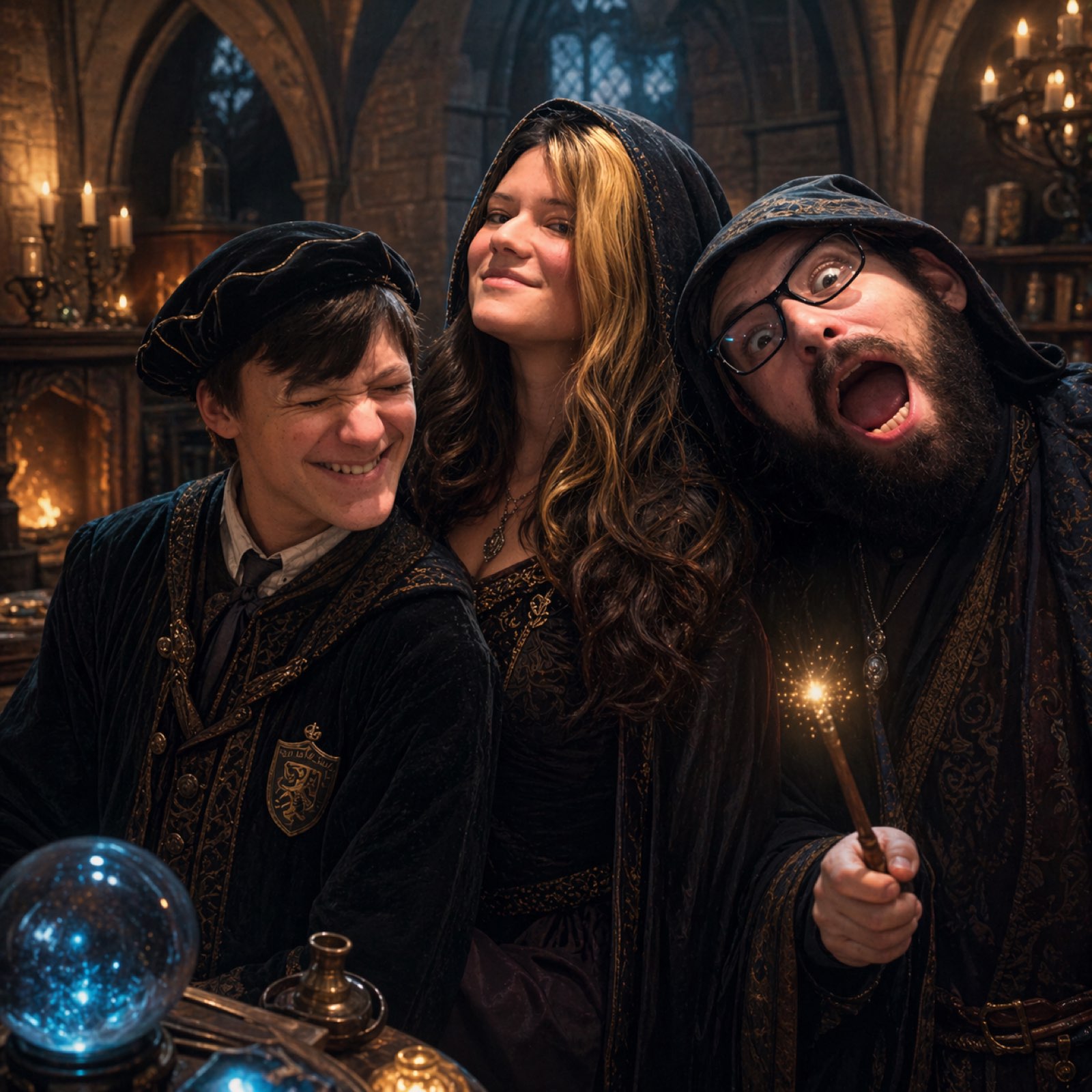 Three friends in wizard cloaks at a candlelit table with a sparkler-wand and crystal ball, smiling broadly